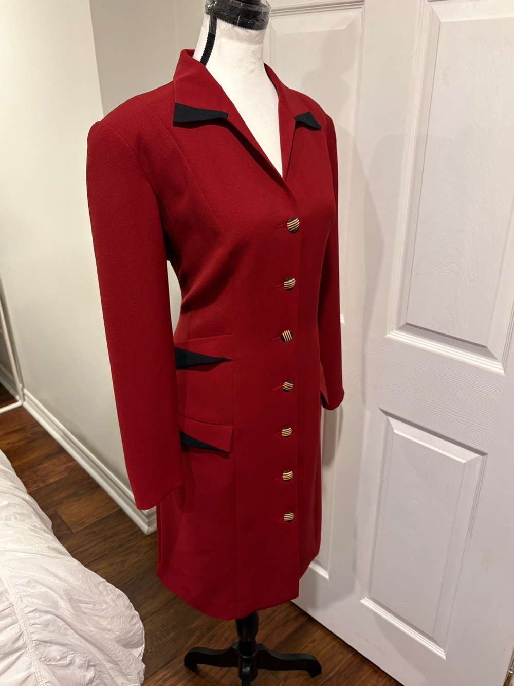Vintage Jackie K Red Black Long Blazer Dress Coat Made in Canada 11/12
